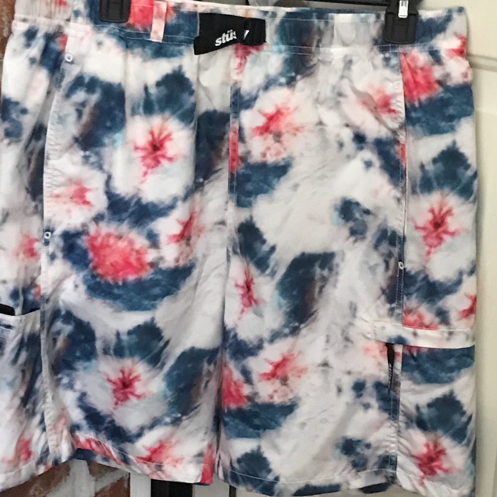 Red, White, and Blue Tie Dye Swim Shorts